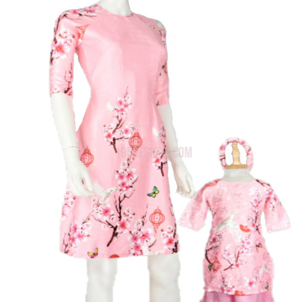 Vietnamese Ao Dai Cach Tan, Dark Pink w Floral Design, Size S - 5XL