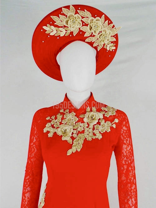 Ao Dai Ren Đỏ Hoa Vàng | Red Lace Ao Dai with Gold Flower Vietnamese Traditional Long Dress