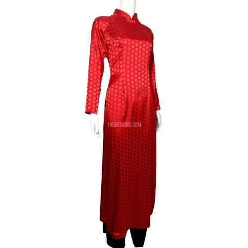 Red Ao Dai Embroidered Vietnamese Long Dress - Gấm Tròn Đỏ