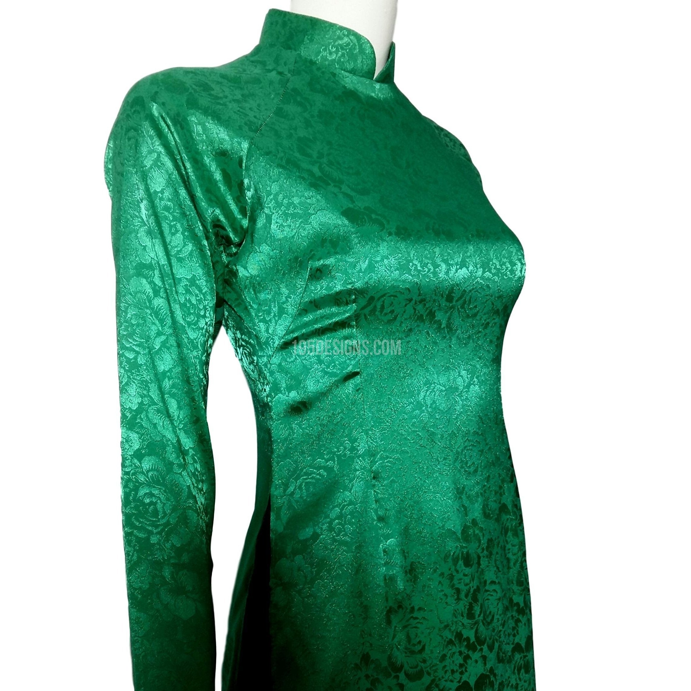 Green Ao Dai Embroidered Vietnamese Long Dress - Gấm Hoa Xanh