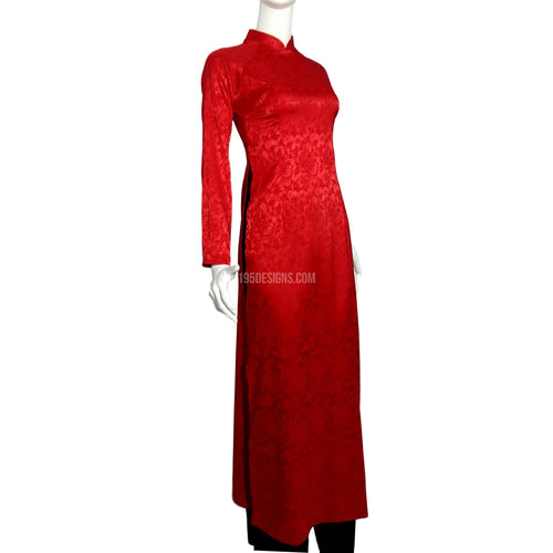 Red Ao Dai Embroidered Vietnamese Long Dress - Gấm Hoa Đỏ