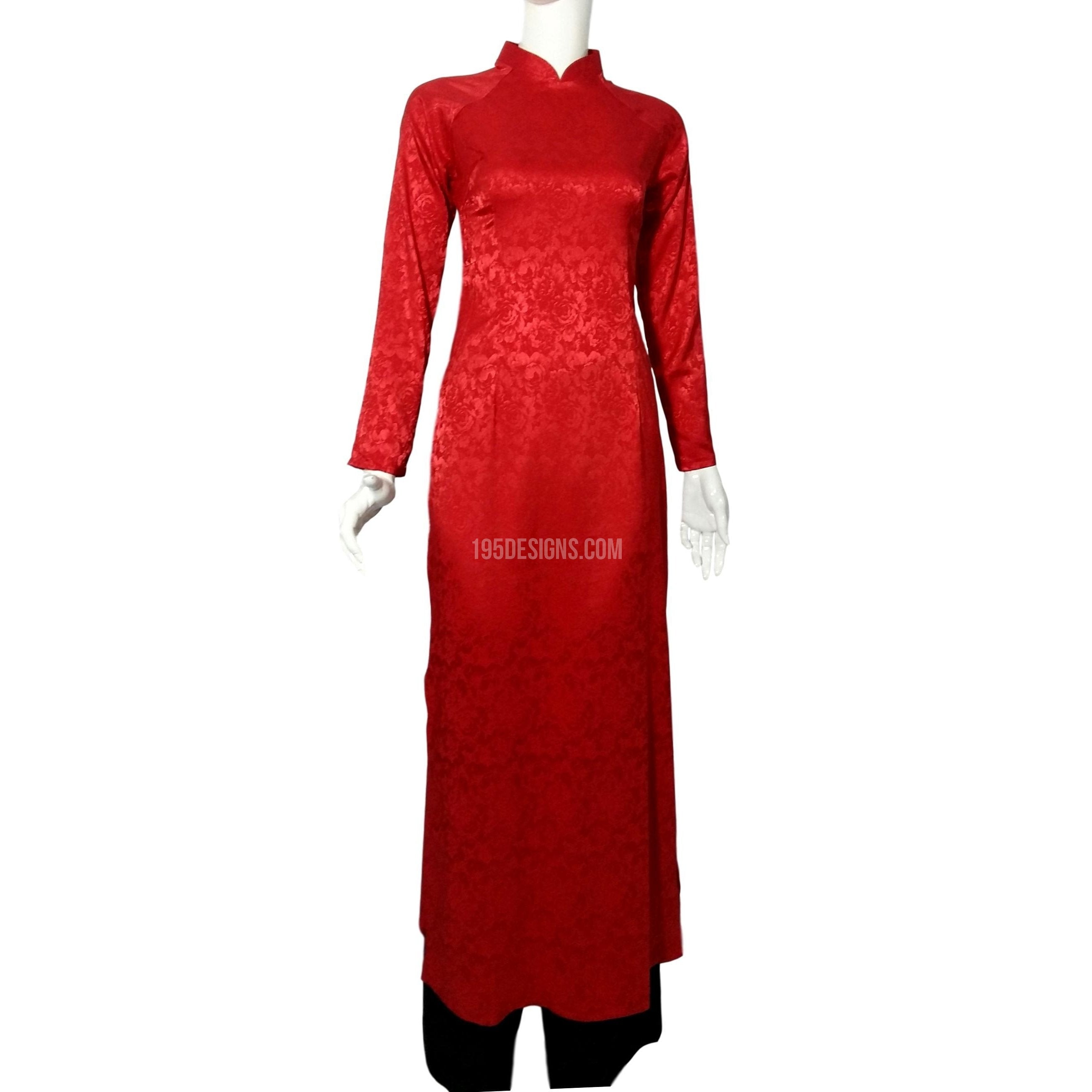 Red Ao Dai Embroidered Vietnamese Long Dress - Gấm Hoa Đỏ