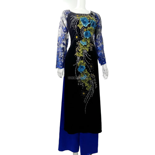 Áo Dài Nhung Den Kết Hạt Đá Hoa Xanh - Black Ao Dai Blue Flower