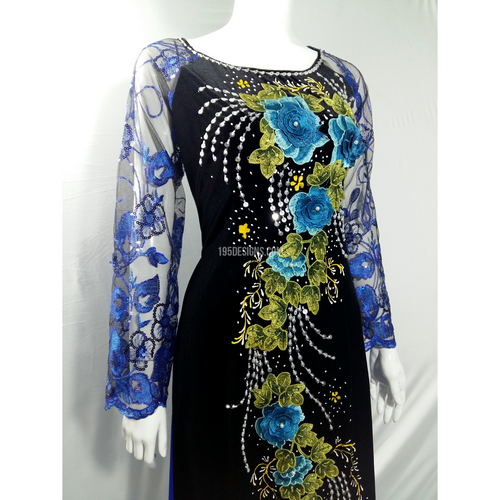 Áo Dài Nhung Den Kết Hạt Đá Hoa Xanh - Black Ao Dai Blue Flower