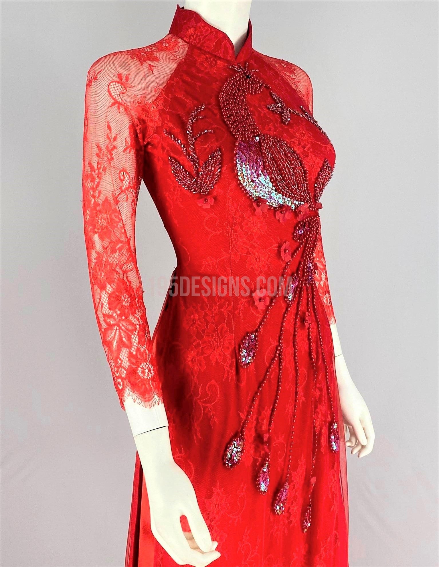 Red Vietnamese Long Dress /  Áo Dài Ren Đỏ Kết Cườm Chim Công