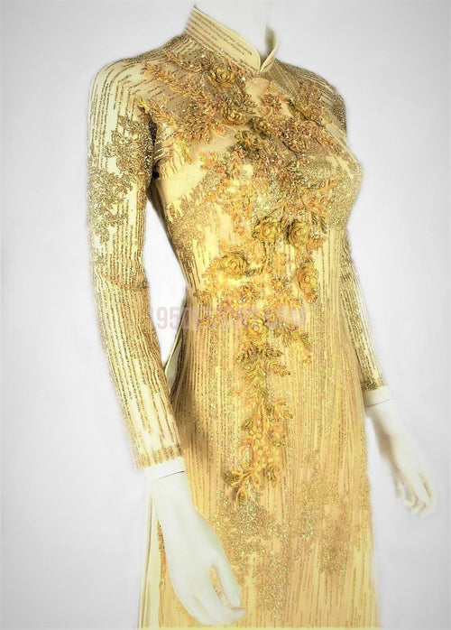 Áo Dài Cưới Vàng Kết Hoa 3D | Gold Ao Dai Crystal Wedding