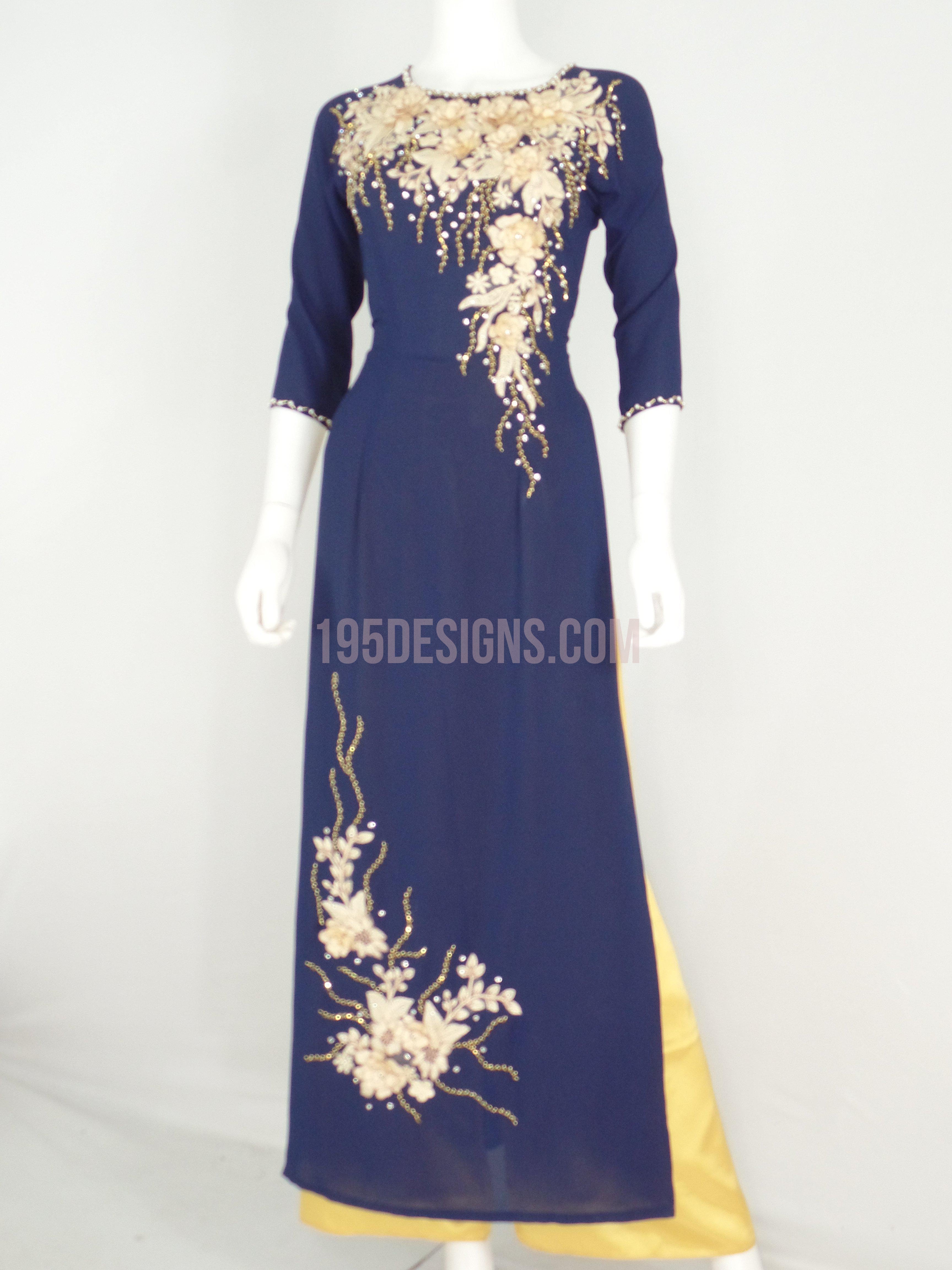 Ao Dai Crystal Vietnamese Long Dress / Áo Dài Tầm Ý Xanh Đen Kết Hoa 3D