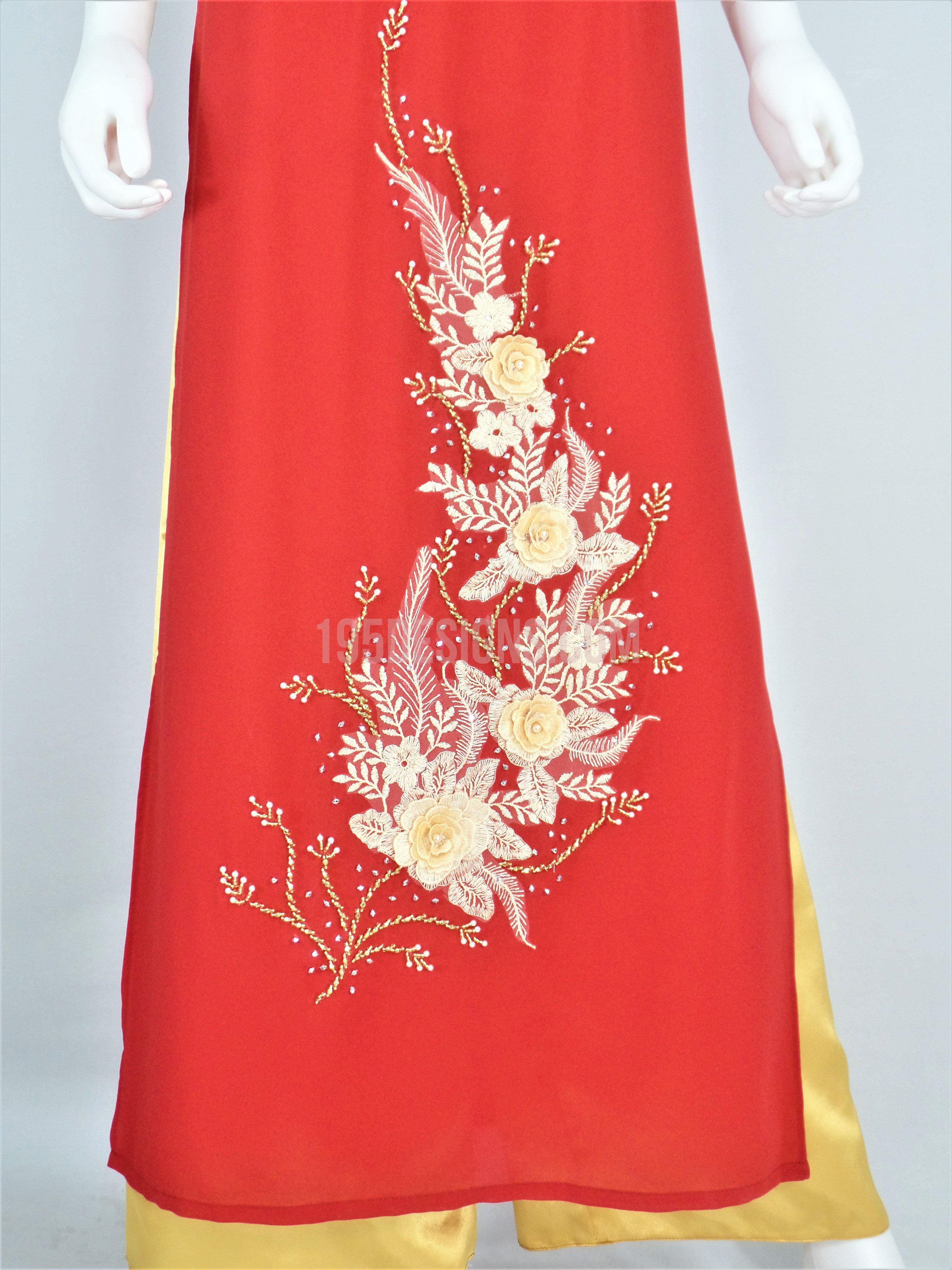 Red Ao Dai Crystal Vietnamese Long Dress / Áo Dài Tằm Ý Đỏ Kết Hoa Cườm