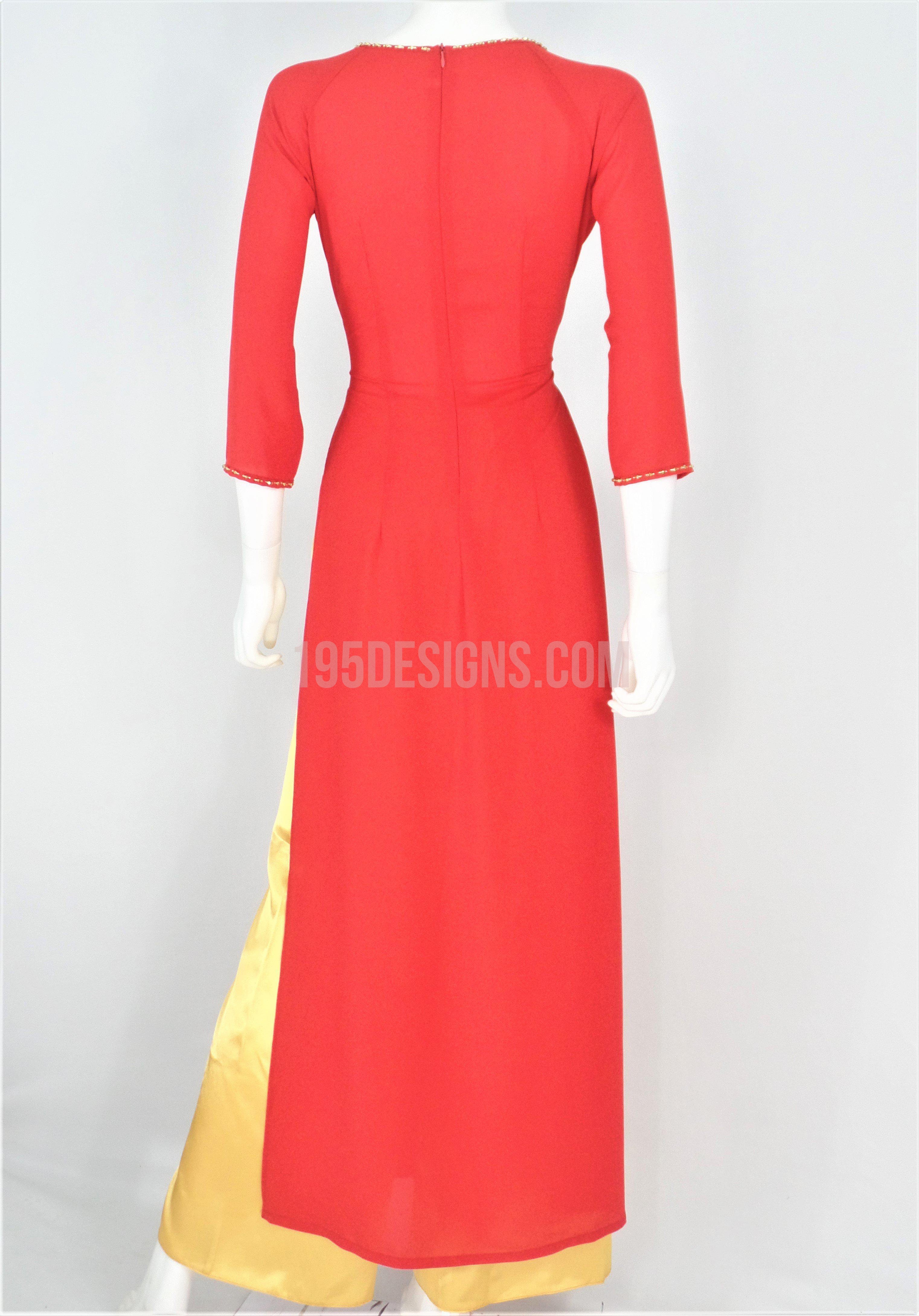 Red Ao Dai Crystal Vietnamese Long Dress / Áo Dài Tằm Ý Đỏ Kết Hoa Cườm
