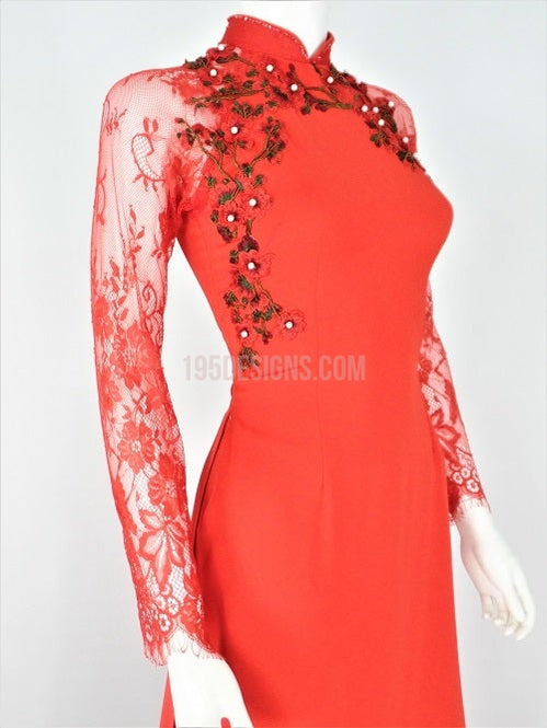 Red Ao Dai Vietnamese Long Dress /  Áo Dài Lụa Đỏ Tay Ren Kết Hoa