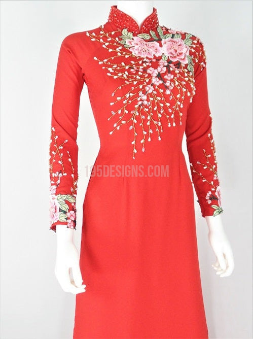 Red Ao Dai Crystal Vietnamese Long Dress / Áo Dài Lụa Đỏ Đá Pha Lê