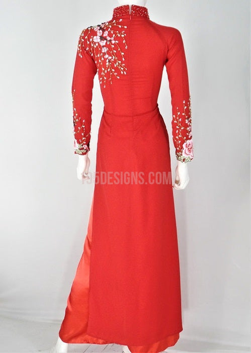 Red Ao Dai Crystal Vietnamese Long Dress / Áo Dài Lụa Đỏ Đá Pha Lê