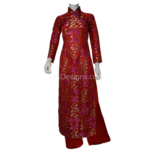 Red Embroidered Silk Chrysanthemum Flower New Year Set | Gấm Đỏ Hoa Cúc Tết