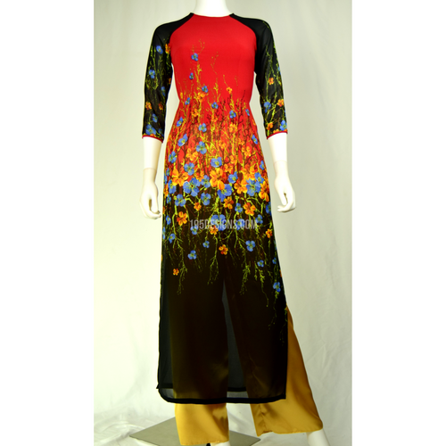 Áo Dài Hoa Rơi Đỏ Đen | Red Ao Dai Printed Flower Lunar New Year