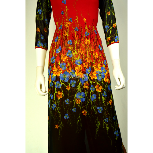 Áo Dài Hoa Rơi Đỏ Đen | Red Ao Dai Printed Flower Lunar New Year