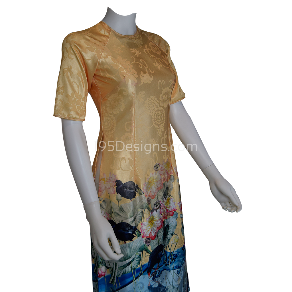 Peach Embroidered Fabric Ao Dai Lotus Flower Modern Lunar New Year | Tết Cách Tân Áo Dài Vải Gấm
