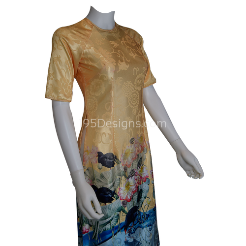 Peach Embroidered Fabric Ao Dai Lotus Flower Modern Lunar New Year | Tết Cách Tân Áo Dài Vải Gấm