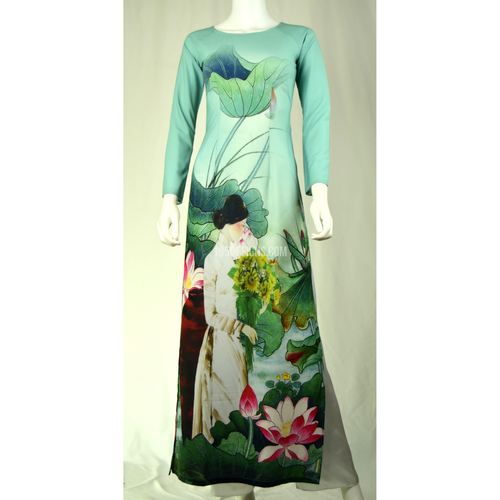 Xanh ÁO DÀI In Hoa Sen 3D  | Sky Blue AO DAI print Lotus flower Set