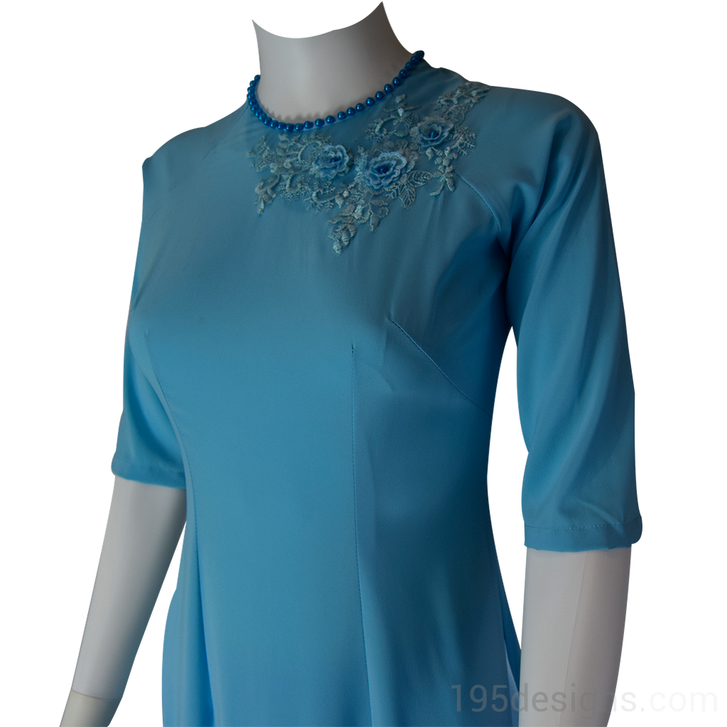 Ao Dai Vietnamese Long Dress Set - Sky Blue with Lace Flower and Blue Pearl