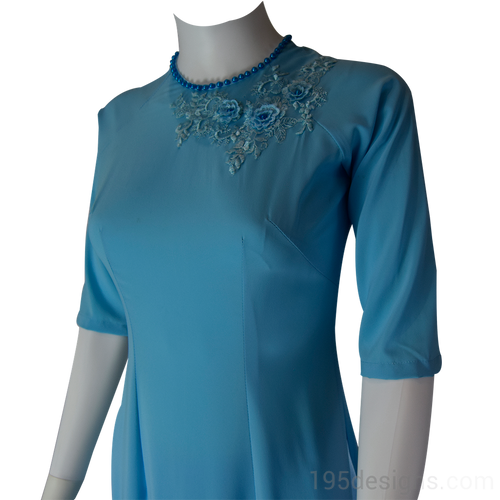 Ao Dai Vietnamese Long Dress Set - Sky Blue with Lace Flower and Blue Pearl