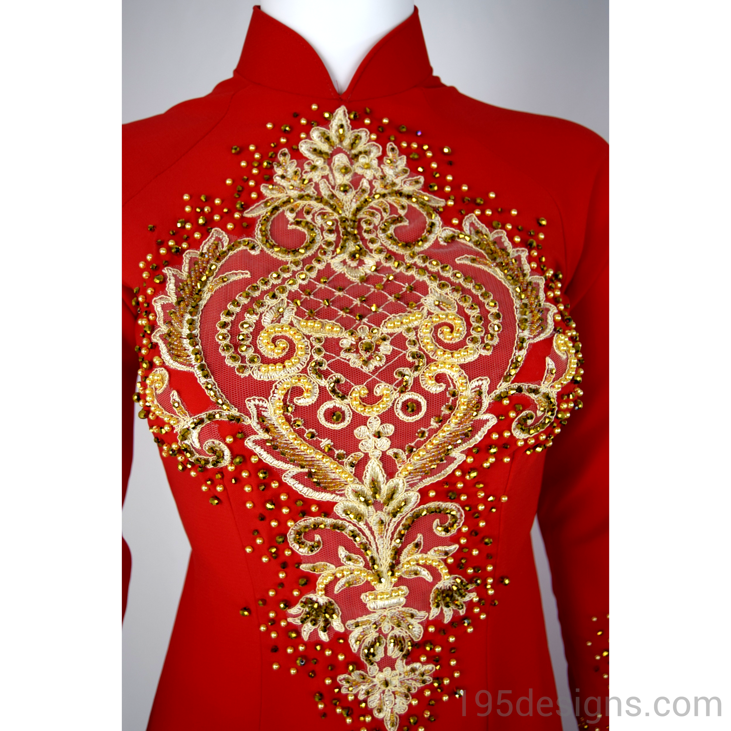 Red Ao Dai Red Crystal Gold Flower Wedding- Ao Dai Kết Đá Pha Lê Cô Dâu