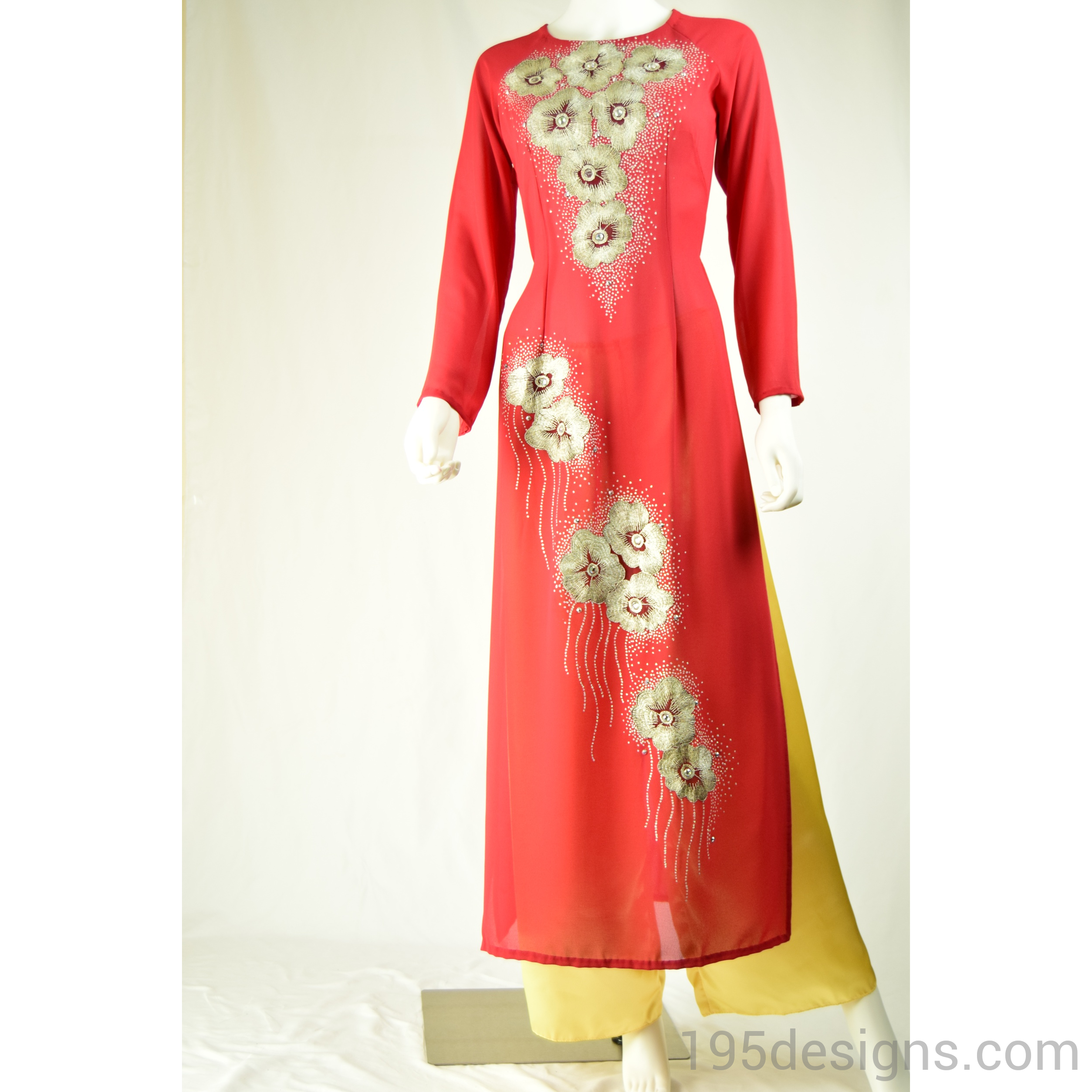 Red Ao Dai Silver Flower and Crystal - Size 8