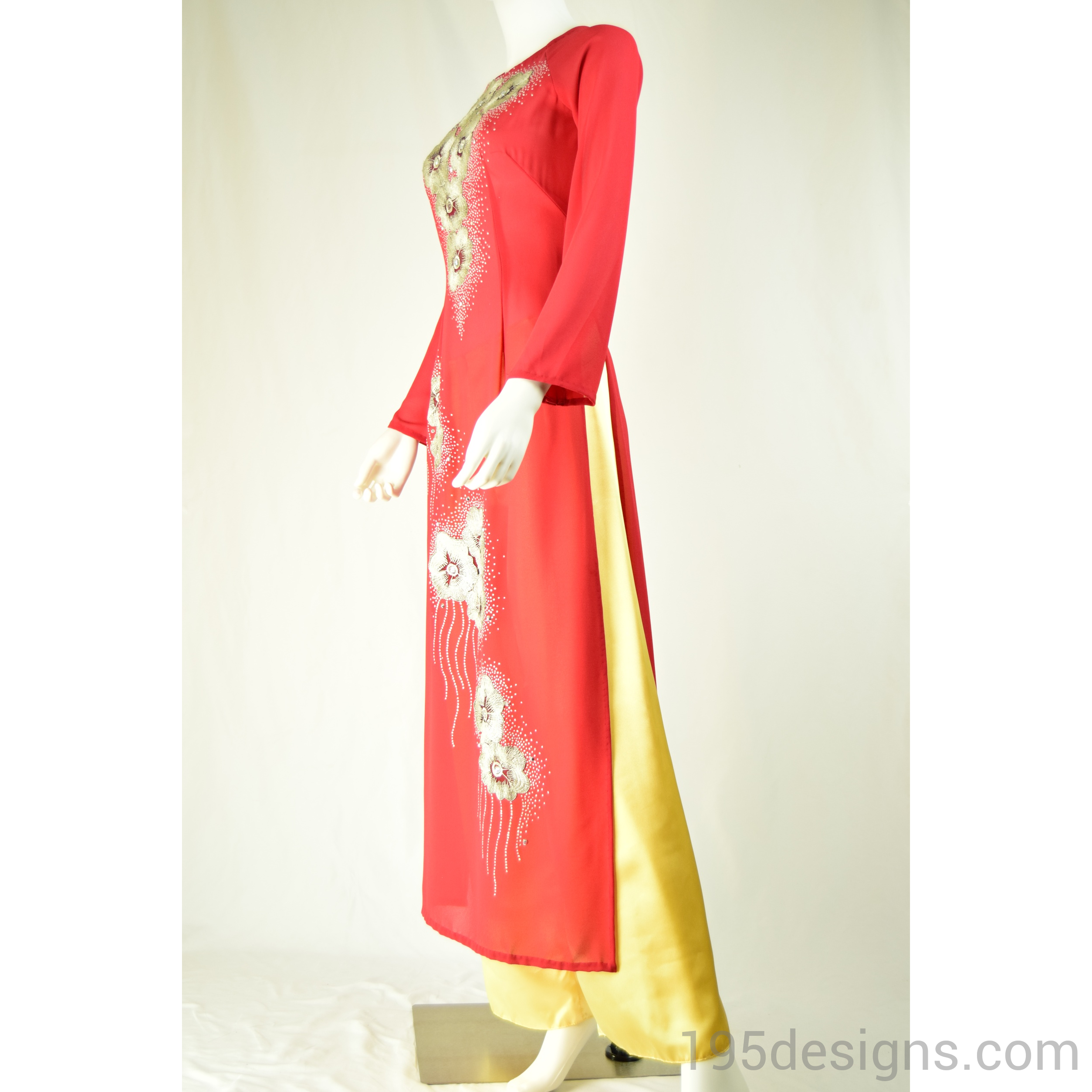 Red Ao Dai Silver Flower and Crystal - Size 8