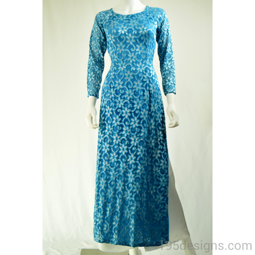 Blue Ao Dai Ren Vải Co Giản SIZE 8