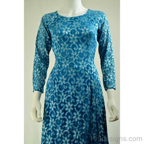 Blue Ao Dai Ren Vải Co Giản SIZE 8