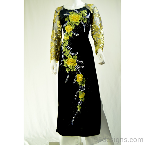 Black Ao Dai Yellow Flower Crystal - Nhung Kết Hoa Đá Pha Lê