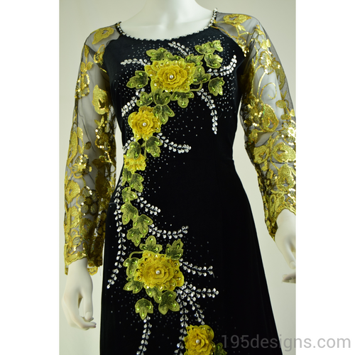 Black Ao Dai Yellow Flower Crystal - Nhung Kết Hoa Đá Pha Lê