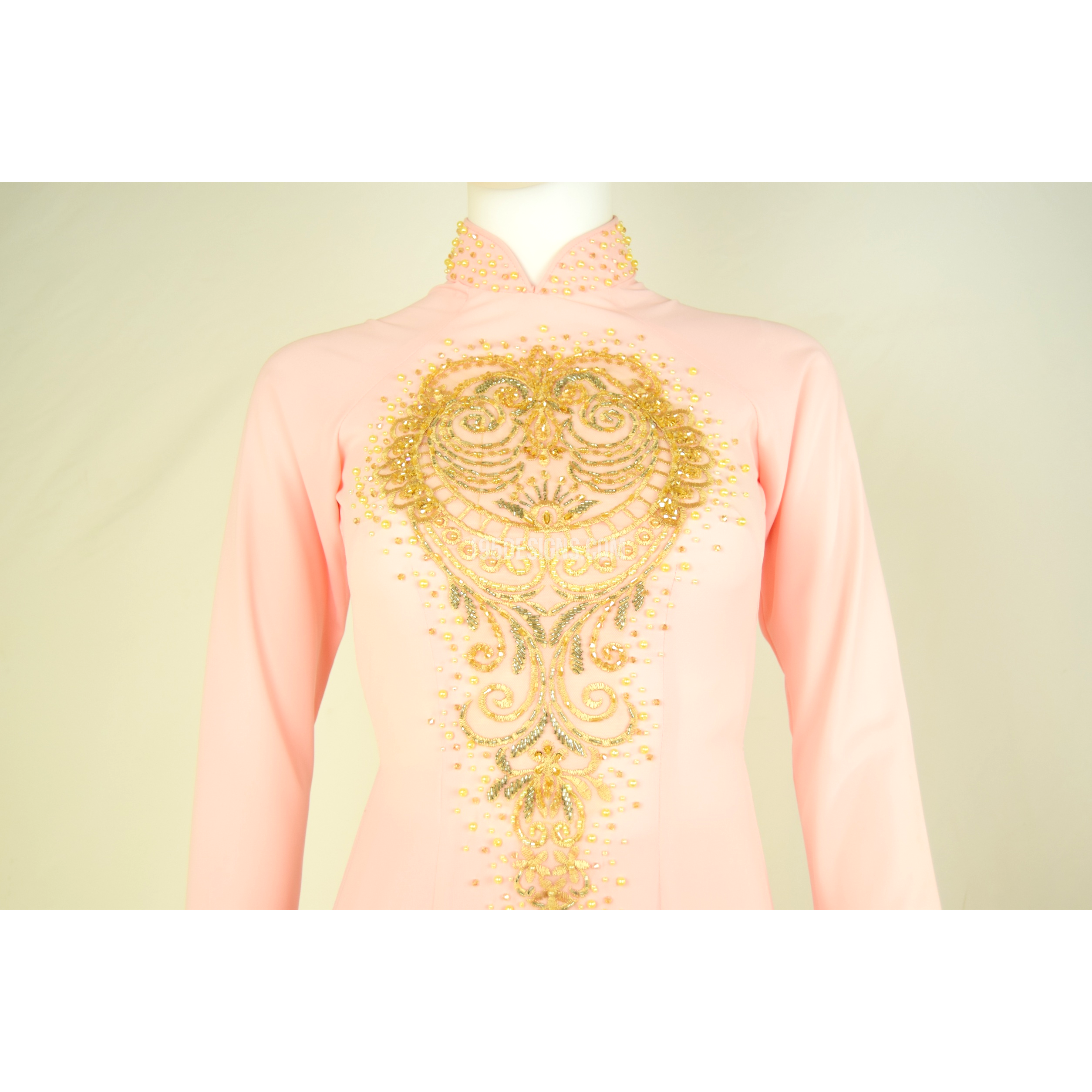 ÁO DÀI Hồng Phấn Vải Tơ Tầm Kết Cườm Vàng | Light Pink AO DAI Gold Pearl