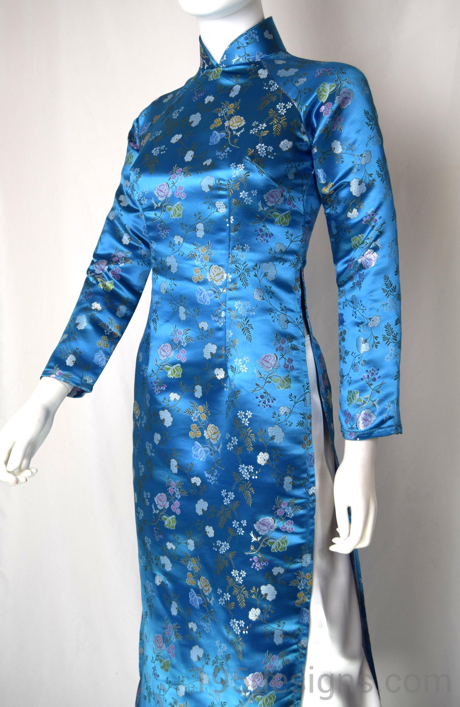 Ao Dai Blue Brocade Silk |Gấm Xanh Hoa