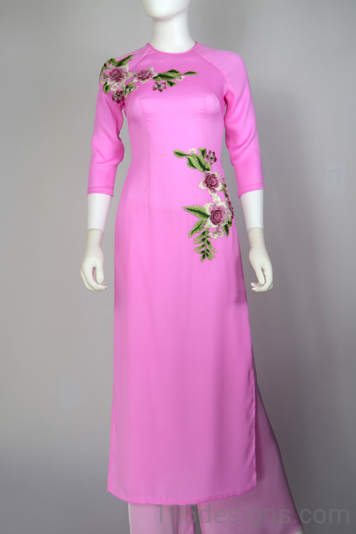 Ao Dai Lụa Thái Tuấn hồng kết hoa  | Silk Pink Long Dress Flower