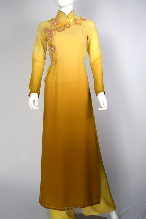 Ao Dai Lụa Nấu Vàng kết hoa  | Yellow Brown Ao Dai with Flowers