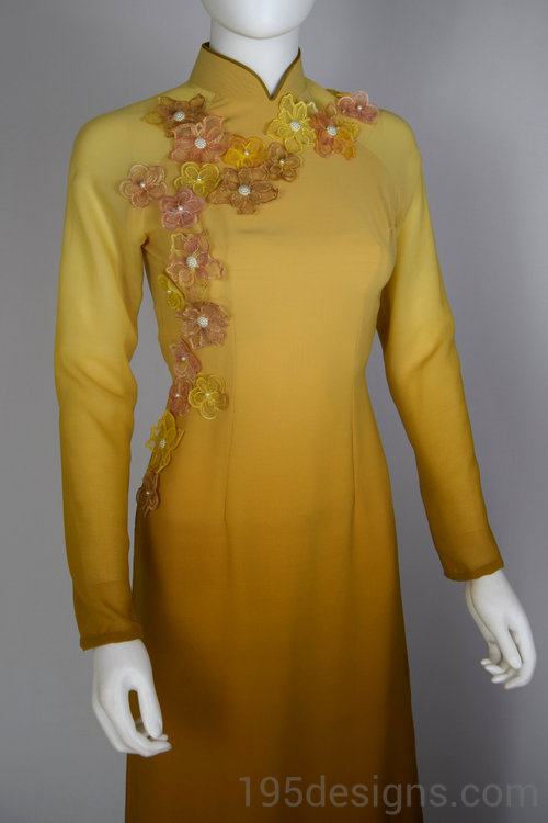 Ao Dai Lụa Nấu Vàng kết hoa  | Yellow Brown Ao Dai with Flowers