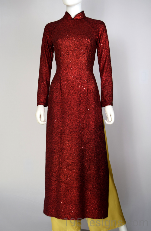 Red Ao Dai Kim Sa Vải Co Giản SIZE 10-12