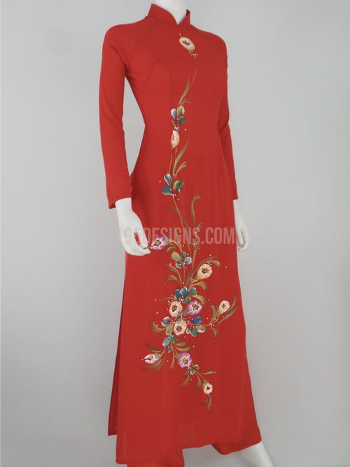 Áo Dài vẽ lụa đỏ | Red Vietnamese Ao Dai