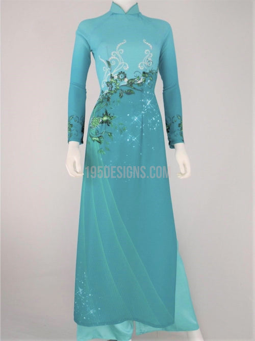 Áo dài 3d in hoa màu xanh ngọc | Vietnamese Ao Dai