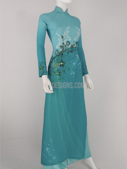 Áo dài 3d in hoa màu xanh ngọc | Vietnamese Ao Dai