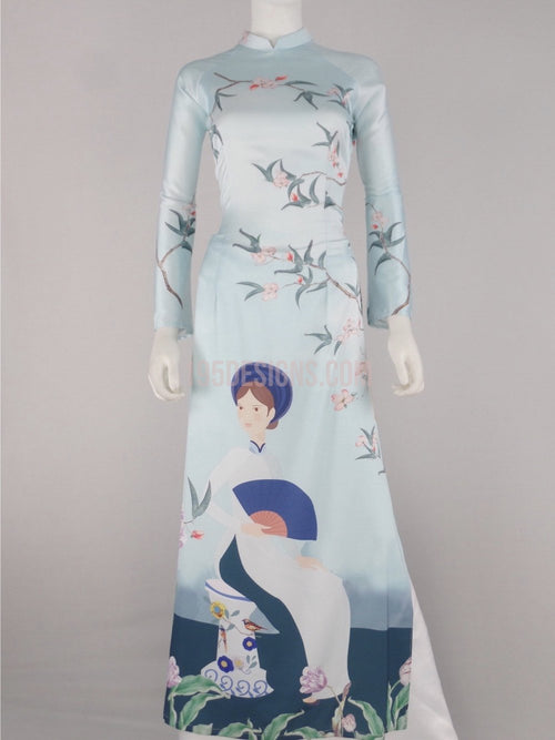 Áo dài lụa xanh Cô gái | Blue Lady Flower Vietnamese Ao Dai