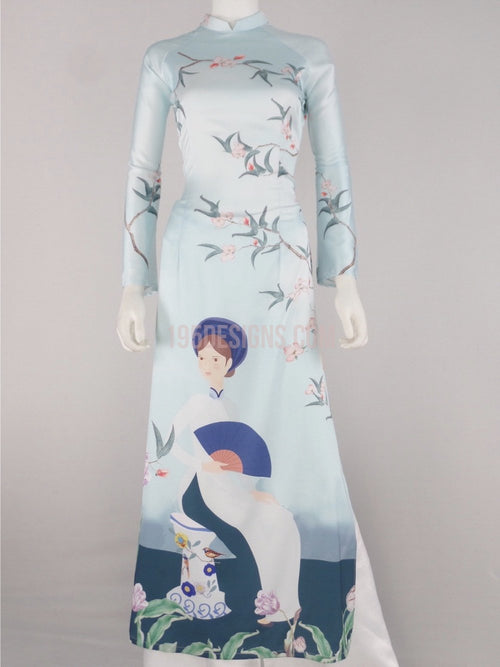 Áo dài lụa xanh Cô gái | Blue Lady Flower Vietnamese Ao Dai