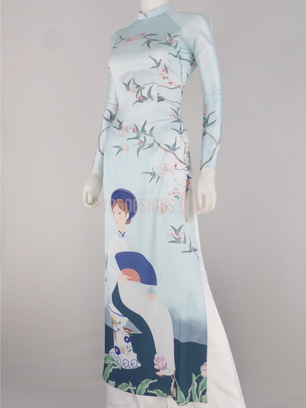 Áo dài lụa xanh Cô gái | Blue Lady Flower Vietnamese Ao Dai