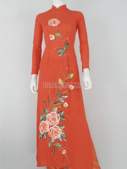 Áo Dài cam vẽ hoa xuân - Orange Vietnamese Ao Dai