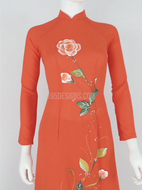 Áo Dài cam vẽ hoa xuân - Orange Vietnamese Ao Dai