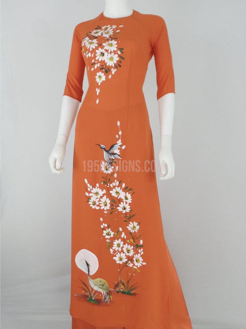 Áo Dài cam vẽ hoa xuân | Orange Vietnamese Ao Dai