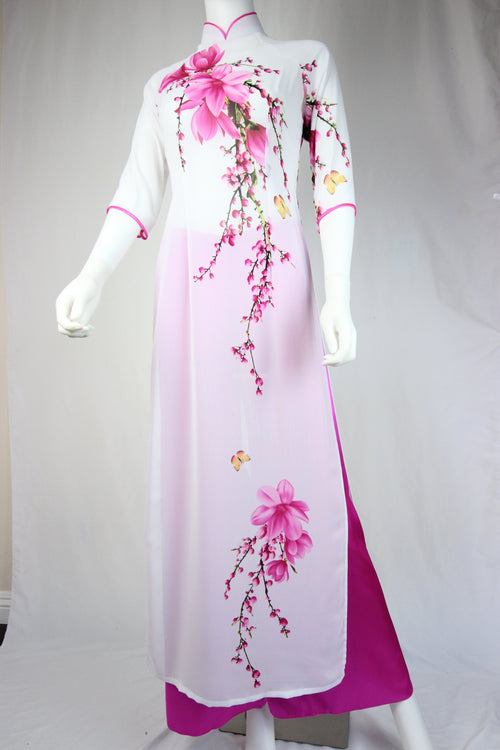 White Ao Dai Pink Spring Flower New Year Set | Hoa Tết