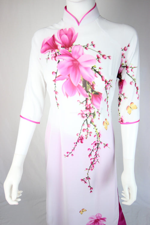 White Ao Dai Pink Spring Flower New Year Set | Hoa Tết