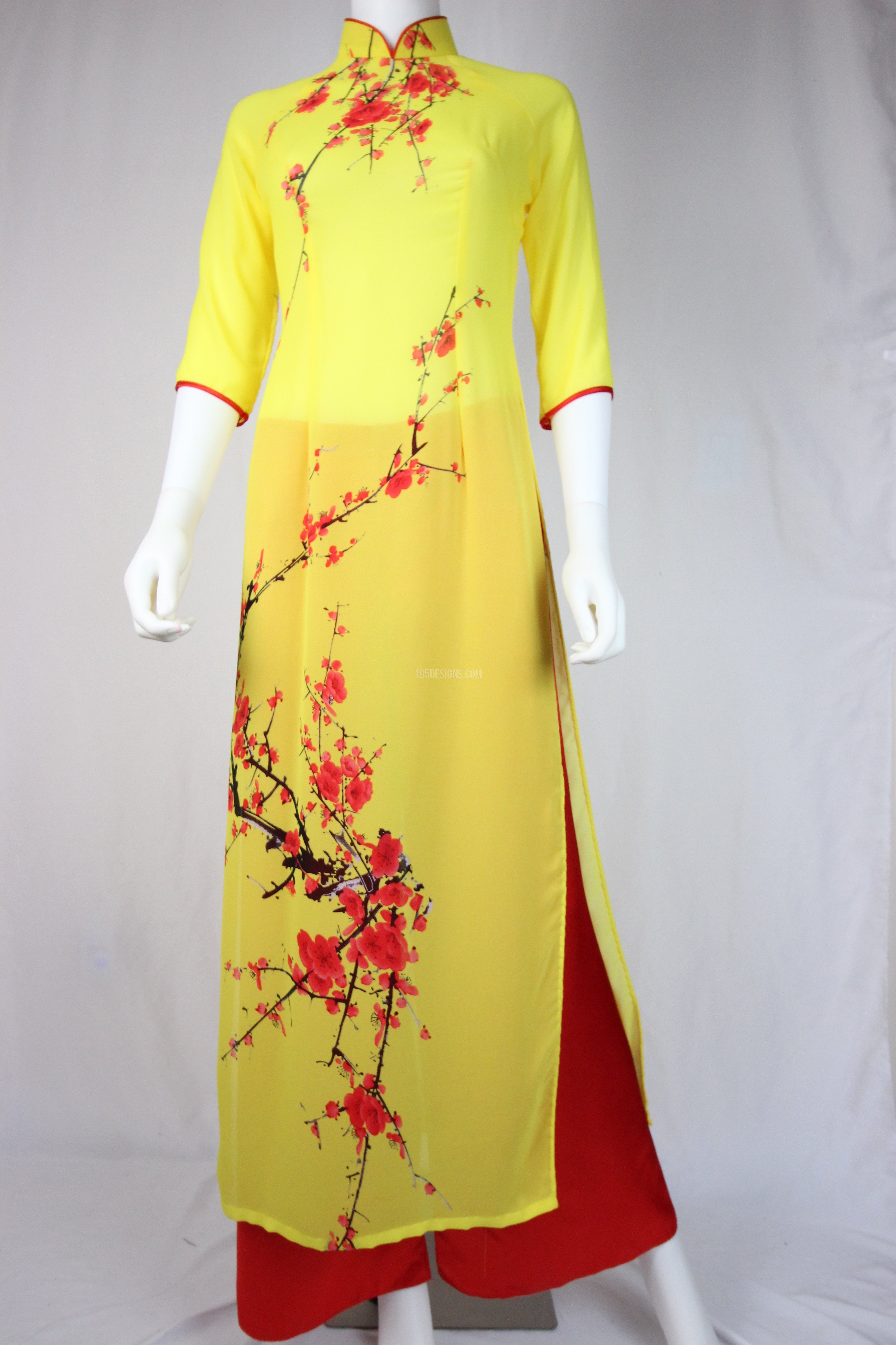 Yellow Ao Dai Red Cherry Blossom New Year Set | Hoa Đào Tet