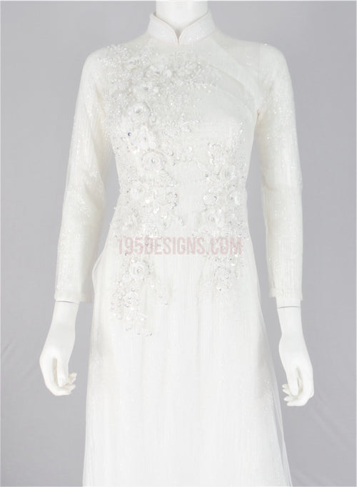 White Ao Dai Crystal Lace Wedding- Ao Dai Kết Hoa 3D Cô Dâu